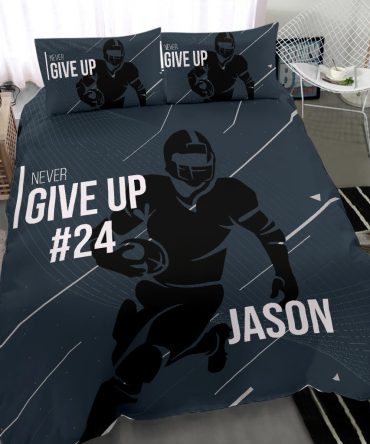 Personalized Football Duvet Cover Set, America Football Never Give Up Player Gift Duvet Cover & Pillowcases, Custom Name Number Bedding Set