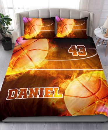 Personalized Basketball Duvet Cover Set, Basketball Fire Ball 3D Printed Player Gift Duvet Cover & Pillowcases, Custom Name Number Bedding Set
