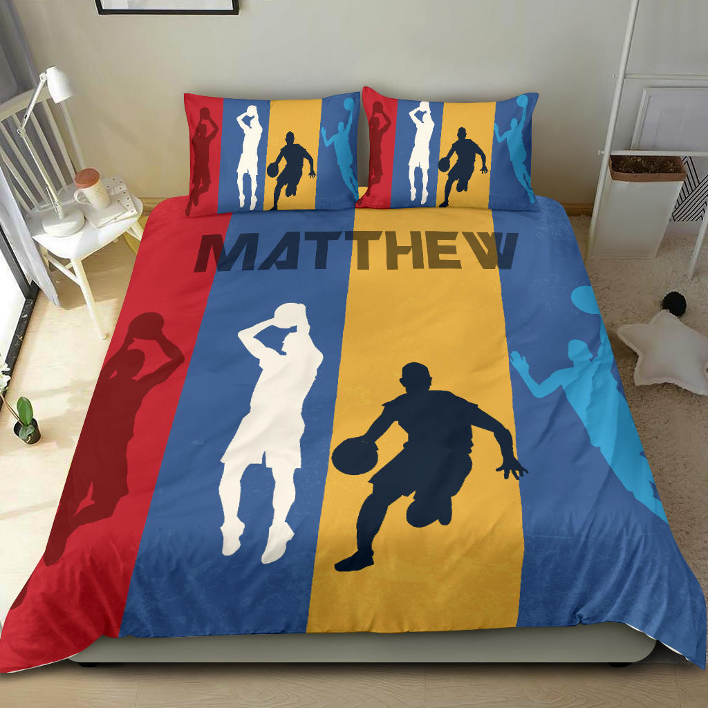 Personalized Basketball Duvet Cover Set, Basketball Player Posing Colorful Gift Idea Duvet Cover & Pillowcases, Custom Name Bedding Set