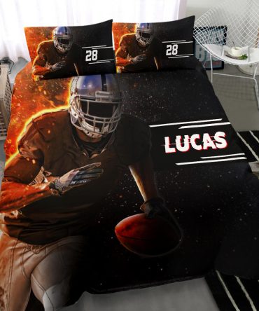 Personalized Football Duvet Cover Set, America Football Running Player Gift Black Duvet Cover & Pillowcases, Custom Name Number Bedding Set