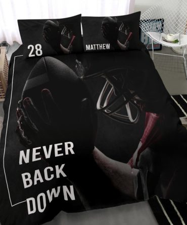 Personalized Football Duvet Cover Set, America Football Never Back Down Player Gift Duvet Cover & Pillowcases, Custom Name Number Bedding Set