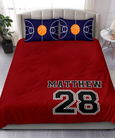 Personalized Basketball Duvet Cover Set, Basketball Court Player Gift Idea Red Duvet Cover & Pillowcases, Custom Name Number Bedding Set