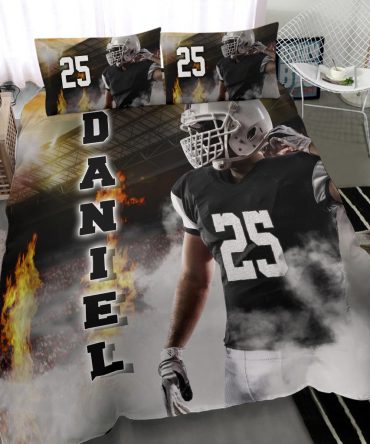Personalized Football Duvet Cover Set, America Football Player Fire Smoke Gift Idea Duvet Cover & Pillowcases, Custom Name Number Bedding Set