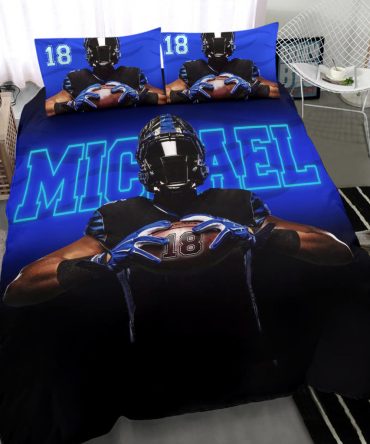 Personalized Football Duvet Cover Set, America Football Player Gift Blue Black 3D Duvet Cover & Pillowcases, Custom Name Number Bedding Set