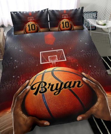 Personalized Basketball Duvet Cover Set, Basketball Ball Throw 3D Player Gift Idea Duvet Cover & Pillowcases, Custom Name Number Bedding Set