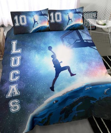Personalized Basketball Duvet Cover Set, Basketball Blue Galaxy Slam Dunk Universe Duvet Cover & Pillowcases, Custom Name Number Bedding Set
