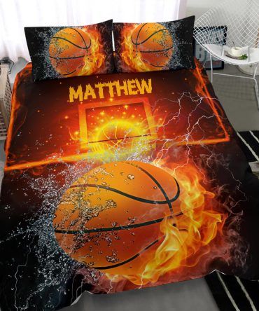 Personalized Basketball Duvet Cover Set, Basketball Player Gift Nice Night Water Fire Ball Duvet Cover & Pillowcases, Custom Name Bedding Set