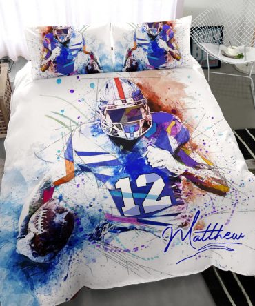 Personalized Football Duvet Cover Set, America Football Watercolor Player Gift Duvet Cover & Pillowcases, Custom Name Number Bedding Set