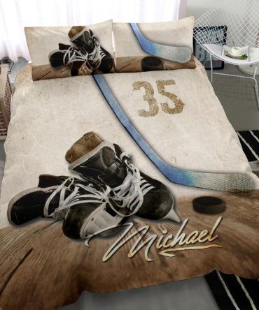 Personalized Hockey Duvet Cover Set, Hockey Shoes Vintage Brown Player Gift Idea Duvet Cover & Pillowcases, Custom Name Number Bedding Set
