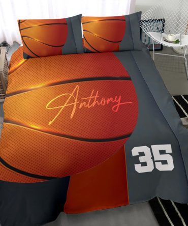 Personalized Basketball Duvet Cover Set, Basketball Ball 3D Printed Player Gift Grey Duvet Cover & Pillowcases, Custom Name Number Bedding Set
