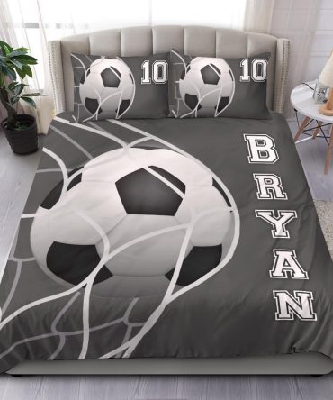 Personalized Soccer Duvet Cover Set, Soccer Ball In Net Player Gift Idea Grey Duvet Cover & Pillowcases, Custom Name Number Bedding Set