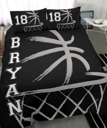 Personalized Basketball Duvet Cover Set, Basketball Player Gift Idea Black Simple Duvet Cover & Pillowcases, Custom Name Number Bedding Set