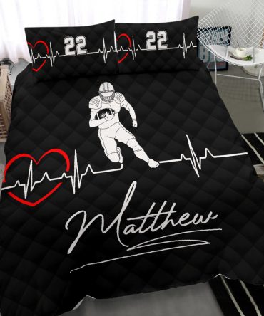 Personalized Football Duvet Cover Set, Football In My Heart Beats Player Gift Black Duvet Cover & Pillowcases, Custom Name Number Bedding Set
