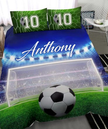 Personalized Soccer Duvet Cover Set, Soccer Ball Goal Field Player Gift Idea Blue Duvet Cover & Pillowcases, Custom Name Number Bedding Set