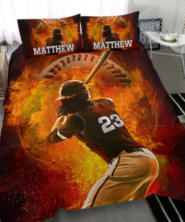 Personalized Baseball Duvet Cover Set, Baseball Fire Batter Posing Player Gift Idea Duvet Cover & Pillowcases, Custom Name Number Bedding Set
