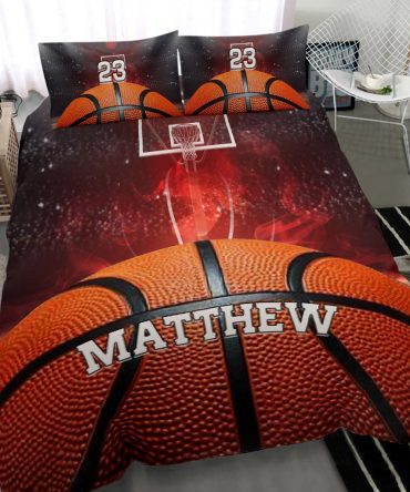 Personalized Basketball Duvet Cover Set, Basketball Ball Red Smoke Player Gift Idea Duvet Cover & Pillowcases, Custom Name Number Bedding Set