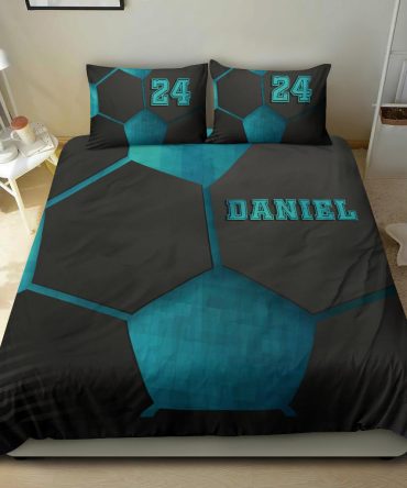 Personalized Soccer Duvet Cover Set, Soccer Blue Black Pattern 3D Player Gift Duvet Cover & Pillowcases, Custom Name Number Bedding Set