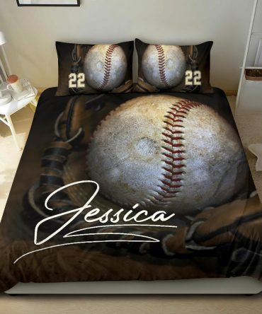 Personalized Baseball Duvet Cover Set, Baseball Vintage Ball Brown Player Gift Idea Duvet Cover & Pillowcases, Custom Name Number Bedding Set
