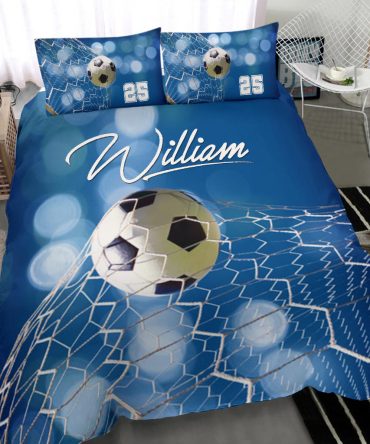 Personalized Soccer Duvet Cover Set, Soccer Ball Blue Light Player Gift Idea Duvet Cover & Pillowcases, Custom Name Number Bedding Set