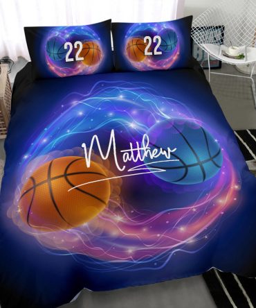 Personalized Basketball Duvet Cover Set, Basketball Ball Yin Yang Thunder Fire Player Duvet Cover & Pillowcases, Custom Name Number Bedding Set