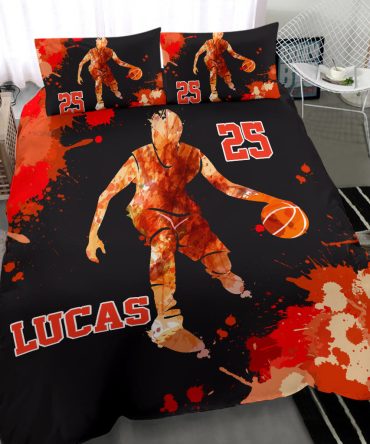 Personalized Basketball Duvet Cover Set, Basketball Boy Player Red Orange Watercolor Duvet Cover & Pillowcases, Custom Name Number Bedding Set