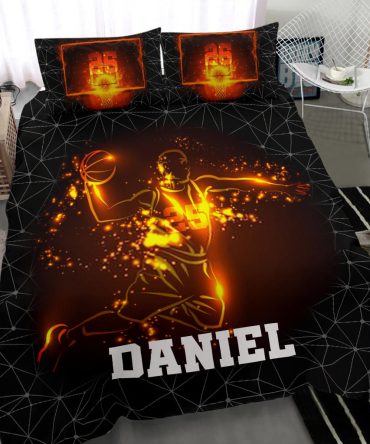 Personalized Basketball Duvet Cover Set, Basketball Fire Boy Player Gift Idea Slam Dunk Duvet Cover & Pillowcases, Custom Name Bedding Set