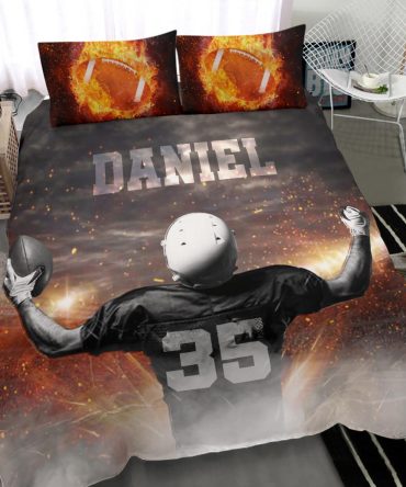 Personalized Football Duvet Cover Set, America Football Winner Fire Player Gift Duvet Cover & Pillowcases, Custom Name Number Bedding Set