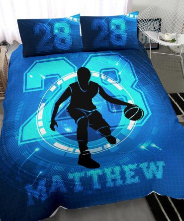 Personalized Basketball Duvet Cover Set, Basketball Blue Boy Player Unique Gift Idea Duvet Cover & Pillowcases, Custom Name Number Bedding Set