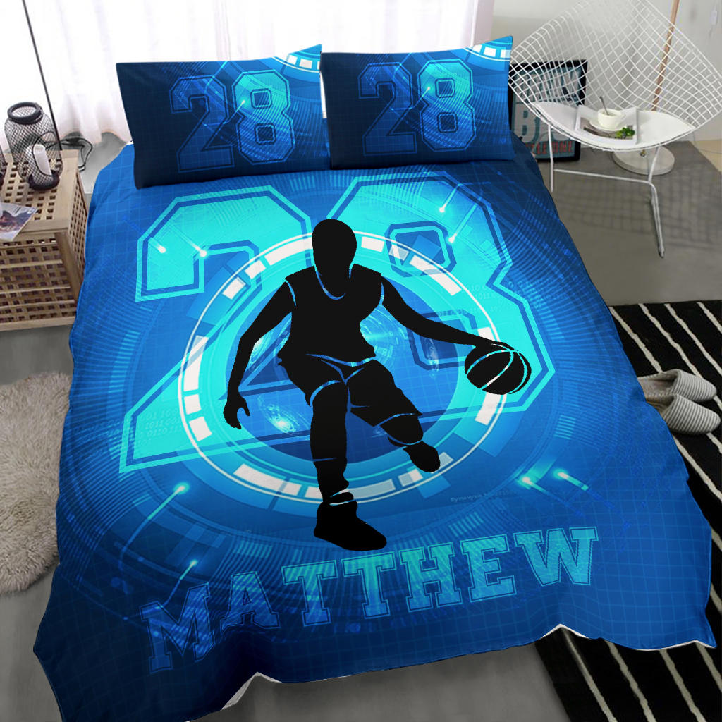Personalized Basketball Duvet Cover Set, Basketball Blue Boy Player Unique Gift Idea Duvet Cover & Pillowcases, Custom Name Number Bedding Set