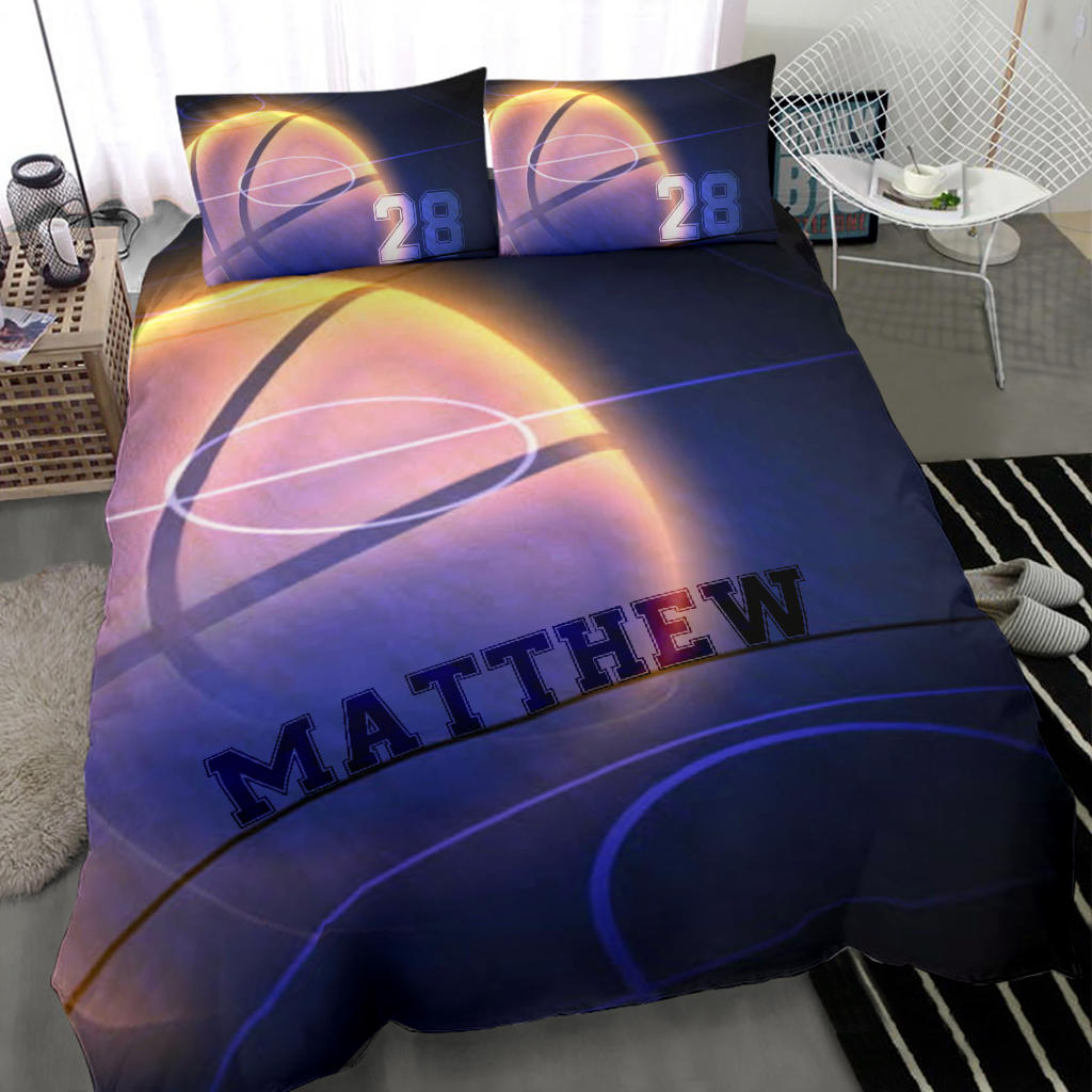 Personalized Basketball Duvet Cover Set, Basketball Ball Shadow Moon Player Gift Idea Duvet Cover & Pillowcases, Custom Name Number Bedding Set
