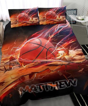 Personalized Basketball Duvet Cover Set, Basketball Fire Ball Breaking Player Gift Duvet Cover & Pillowcases, Custom Name Number Bedding Set