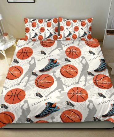 Personalized Basketball Duvet Cover Set, Basketball Ball Shoe Pattern Player Gift Duvet Cover & Pillowcases, Custom Name Number Bedding Set