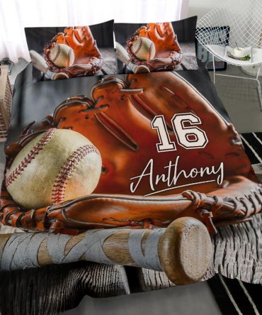 Personalized Baseball Duvet Cover Set, Baseball Ball Glove Player Gift Idea Duvet Cover & Pillowcases, Custom Name Number Bedding Set