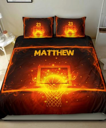 Personalized Basketball Duvet Cover Set, Basketball Fire Light Player Gift Idea Duvet Cover & Pillowcases, Custom Name Number Bedding Set