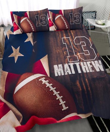 Personalized Football Duvet Cover Set, America Football Ball Us Flag Player Gift Duvet Cover & Pillowcases, Custom Name Number Bedding Set