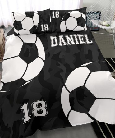 Personalized Soccer Duvet Cover Set, Soccer Ball Black Camo Player Gift Idea Duvet Cover & Pillowcases, Custom Name Number Bedding Set