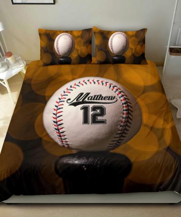 Personalized Baseball Duvet Cover Set, Baseball Ball On Bat Player Gift Idea Brown Duvet Cover & Pillowcases, Custom Name Number Bedding Set