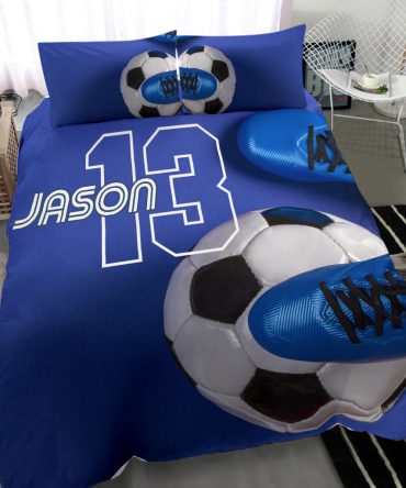 Personalized Soccer Duvet Cover Set, Soccer Ball Shoes Blue Player Gift Idea Duvet Cover & Pillowcases, Custom Name Number Bedding Set