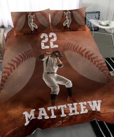 Personalized Baseball Duvet Cover Set, Baseball Ball Batter Posing Player Gift Idea Duvet Cover & Pillowcases, Custom Name Number Bedding Set