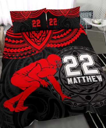 Personalized Football Duvet Cover Set, America Football Red Maori Pattern Player Duvet Cover & Pillowcases, Custom Name Number Bedding Set