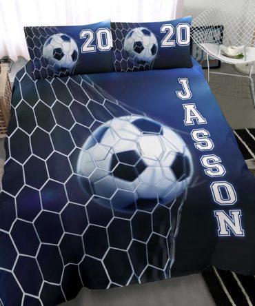 Personalized Soccer Duvet Cover Set, Soccer Ball In Net Blue Player Gift Idea Duvet Cover & Pillowcases, Custom Name Number Bedding Set