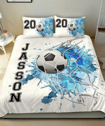 Personalized Soccer Duvet Cover Set, Soccer Ball Blue Goal Player Gift Idea White Duvet Cover & Pillowcases, Custom Name Number Bedding Set