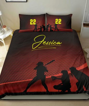 Personalized Baseball Duvet Cover Set, Softball Baseball Girl Team Red Player Gift Duvet Cover & Pillowcases, Custom Name Number Bedding Set