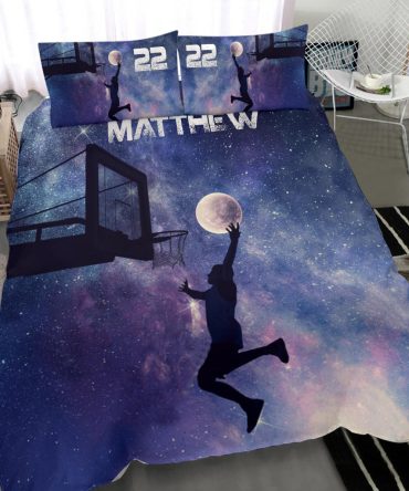 Personalized Basketball Duvet Cover Set, Basketball Sky Moon Galaxy Boy Player Gift Duvet Cover & Pillowcases, Custom Name Number Bedding Set