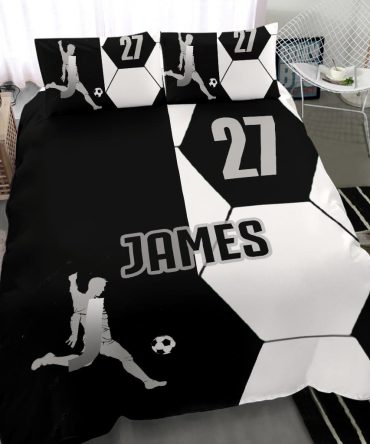 Personalized Soccer Duvet Cover Set, Soccer Pattern Boy Player Gift Black White Duvet Cover & Pillowcases, Custom Name Number Bedding Set