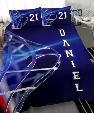 Personalized Hockey Duvet Cover Set, Hockey Moment Player Gift Idea Blue Duvet Cover & Pillowcases, Custom Name Number Bedding Set