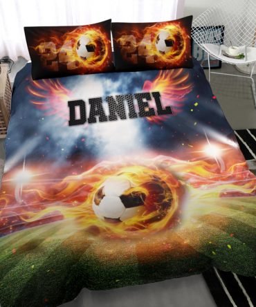 Personalized Soccer Duvet Cover Set, Soccer Ball Fire Angel Player Gift Idea Duvet Cover & Pillowcases, Custom Name Number Bedding Set