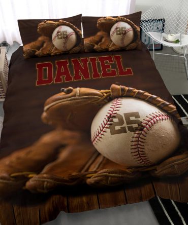 Personalized Baseball Duvet Cover Set, Baseball Glove Ball Vintage Player Gift Idea Duvet Cover & Pillowcases, Custom Name Number Bedding Set
