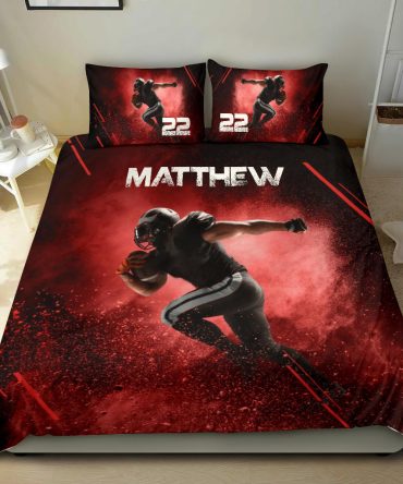 Personalized Football Duvet Cover Set, America Football Player Run Gift Idea Red Duvet Cover & Pillowcases, Custom Name Number Bedding Set