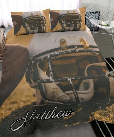 Personalized Football Duvet Cover Set, Football Helmet On Grass Player Gift Idea Vintage Duvet Cover & Pillowcases, Custom Name Bedding Set